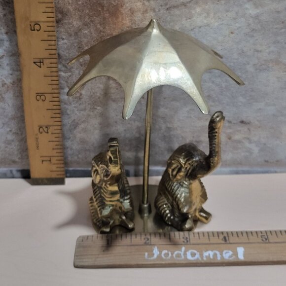 Vintage Two Elephants Trunks Raised  Under Umbrella Solid Brass Statue - Picture 7 of 12